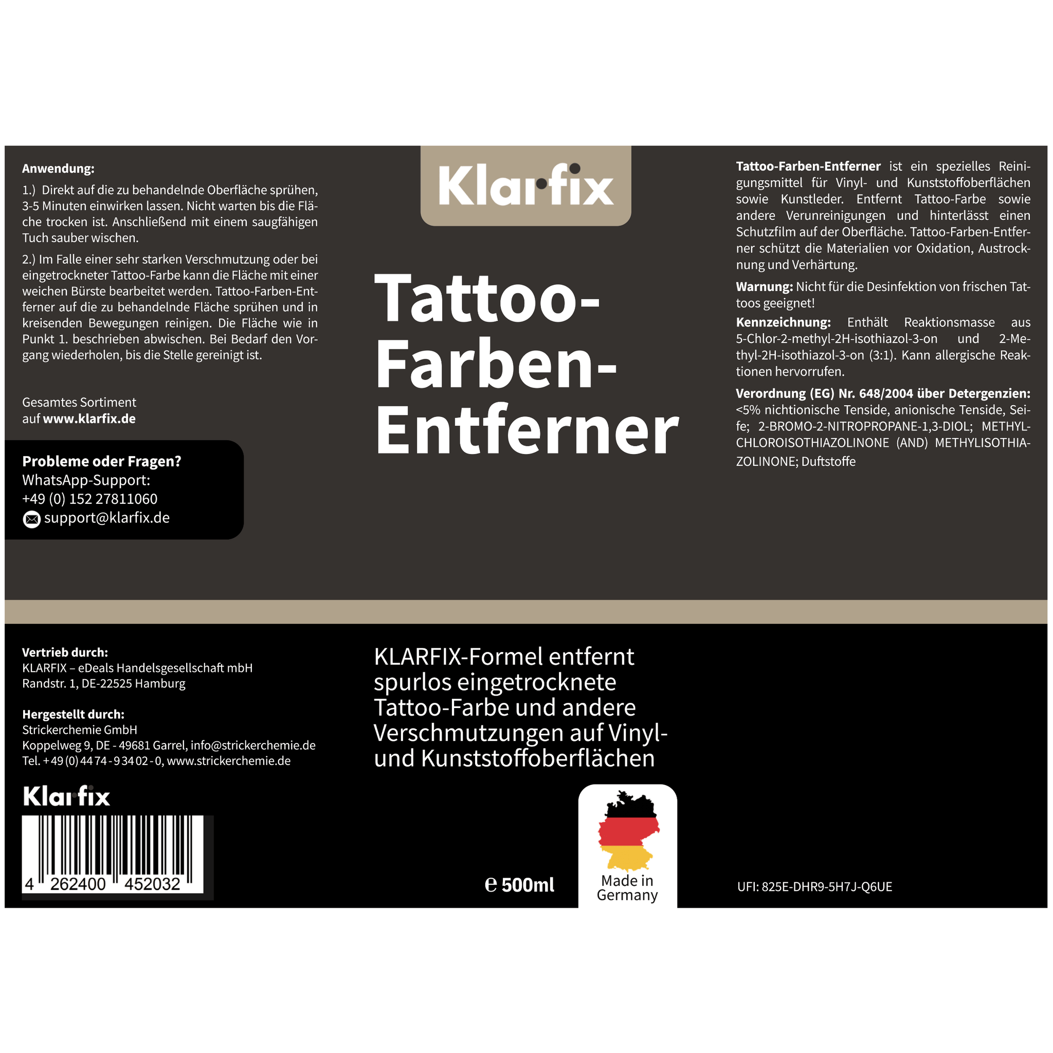 Tattoo-Farben-Entferner (Spezialreiniger für Tattoo-Stühle, Arbeitsflächen & Böden)